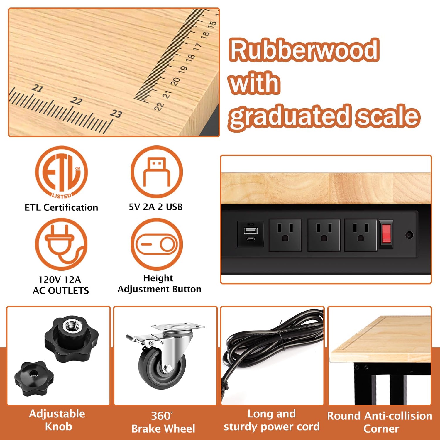 LARBANKE Adjustable 48" Workbench,Multiple Height Adjustments Workstation,Workbench with Scale,Power Plate and Wheels,for Home,Garage,Office,Holds up LARBANKE