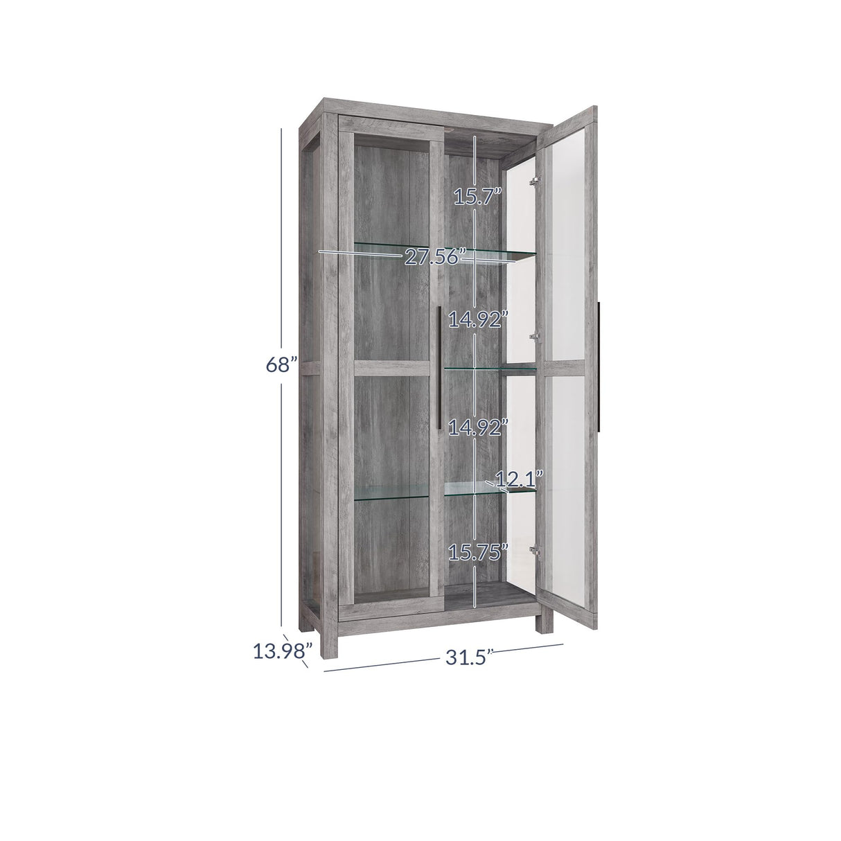 Elegant BELLEZE Gray Wash Storage Cabinet with Glass Doors for Living Room and Bedroom Display BELLEZE