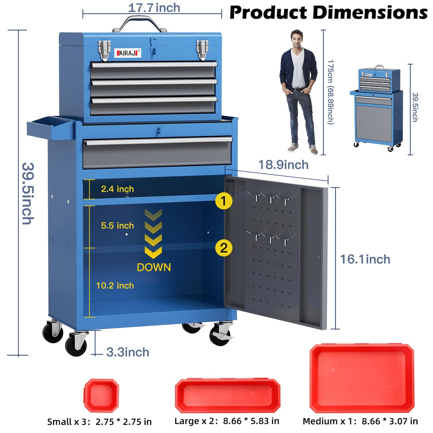 AIRAJ Professional 4-Drawer Rolling Tool Box with Wheels - Portable Tool Chest for Garage Mechanics, Tool chest for Repair Shop Workers - Includes 5 - WoodArtSupply