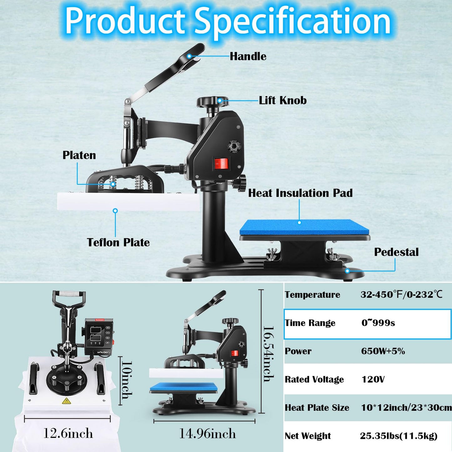 Whubefy Heat Press Machine for T Shirts 12x10", 650W Sublimation Shirt Press Machine, 360° Swing Away Printing Machine with Digital Temp Control, - WoodArtSupply