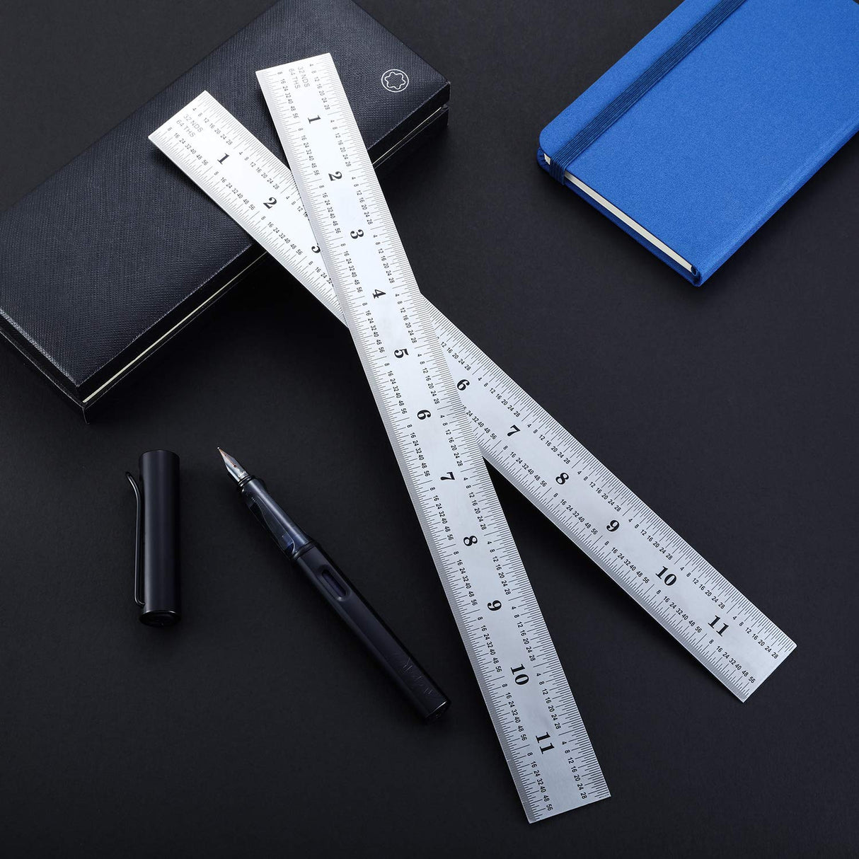 2 Pack Stainless Steel Ruler Machinist Engineer Ruler, Metric Ruler with Markings 1/8, 1/16, 1/32, 1/64 Inch for Engineering, School, Office, EBOOT