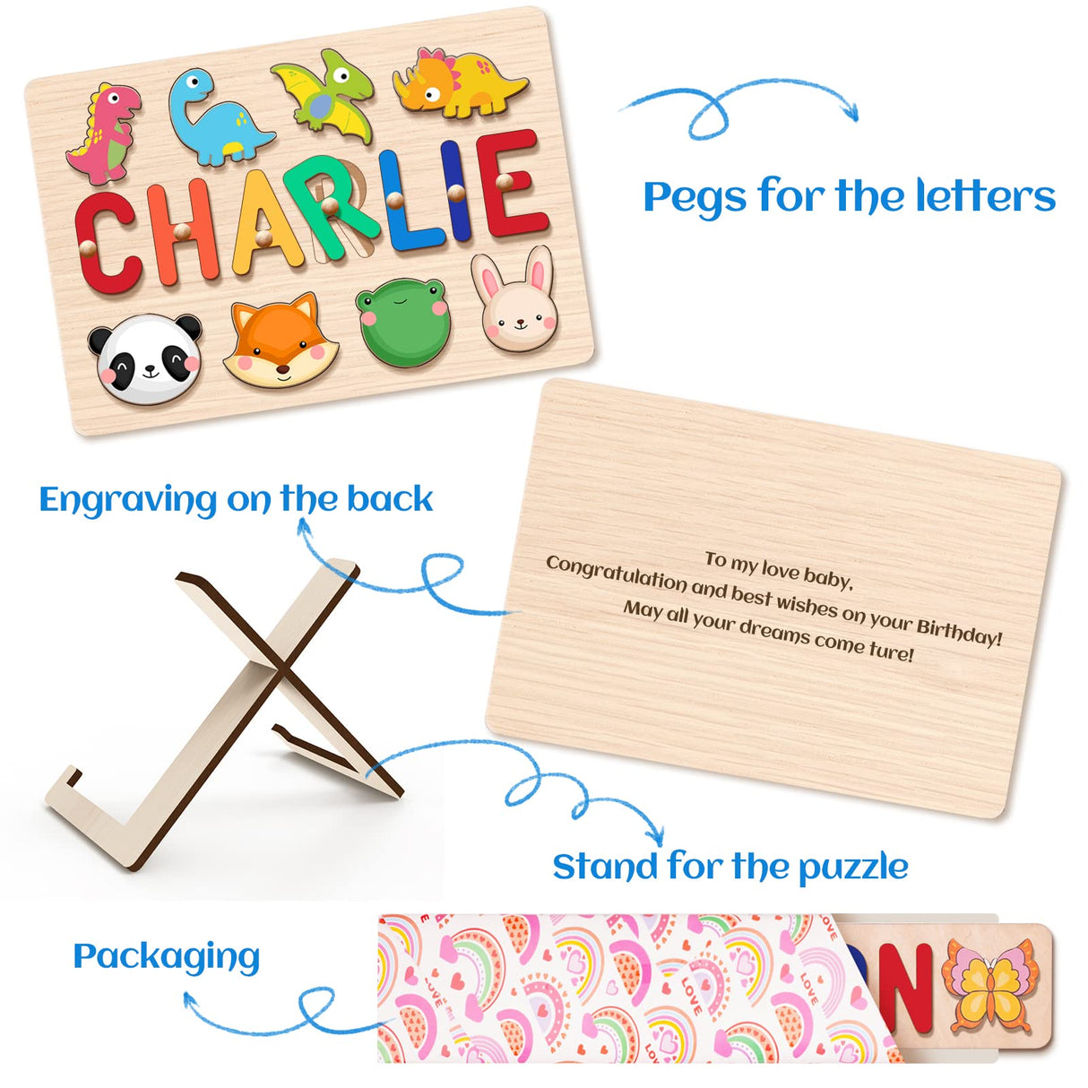 BeneCharm Personalized Name Puzzle for Kids, Easter Basket Stuffers, Easter Gifts for Baby, Personalized Baby Gifts, First Birthday Gift, Montessori BeneCharm