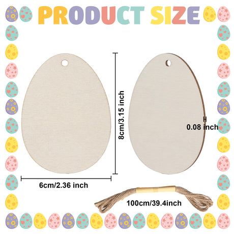 50 PCS Easter Egg Wooden Cutouts Unfinished Egg Wood Slices Easter DIY Hanging Ornaments Gift Tags with Hemp Rope for Painting Craft Project Easter peony man