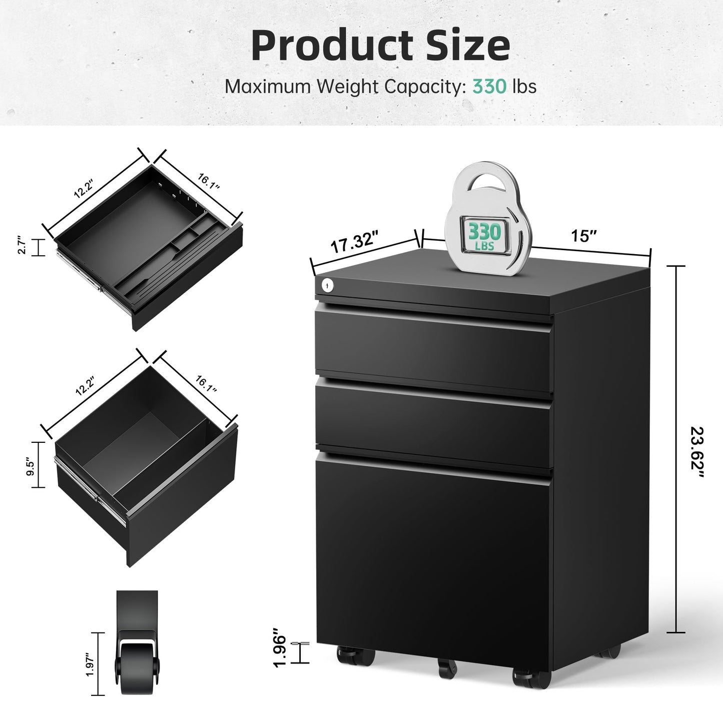 Bonusall Black File Cabinet, 3 Drawer Mobile File Cabinet with Lock and Wheels, Under Desk Metal Filing Cabinet for Office， Rolling Cabinet with 2