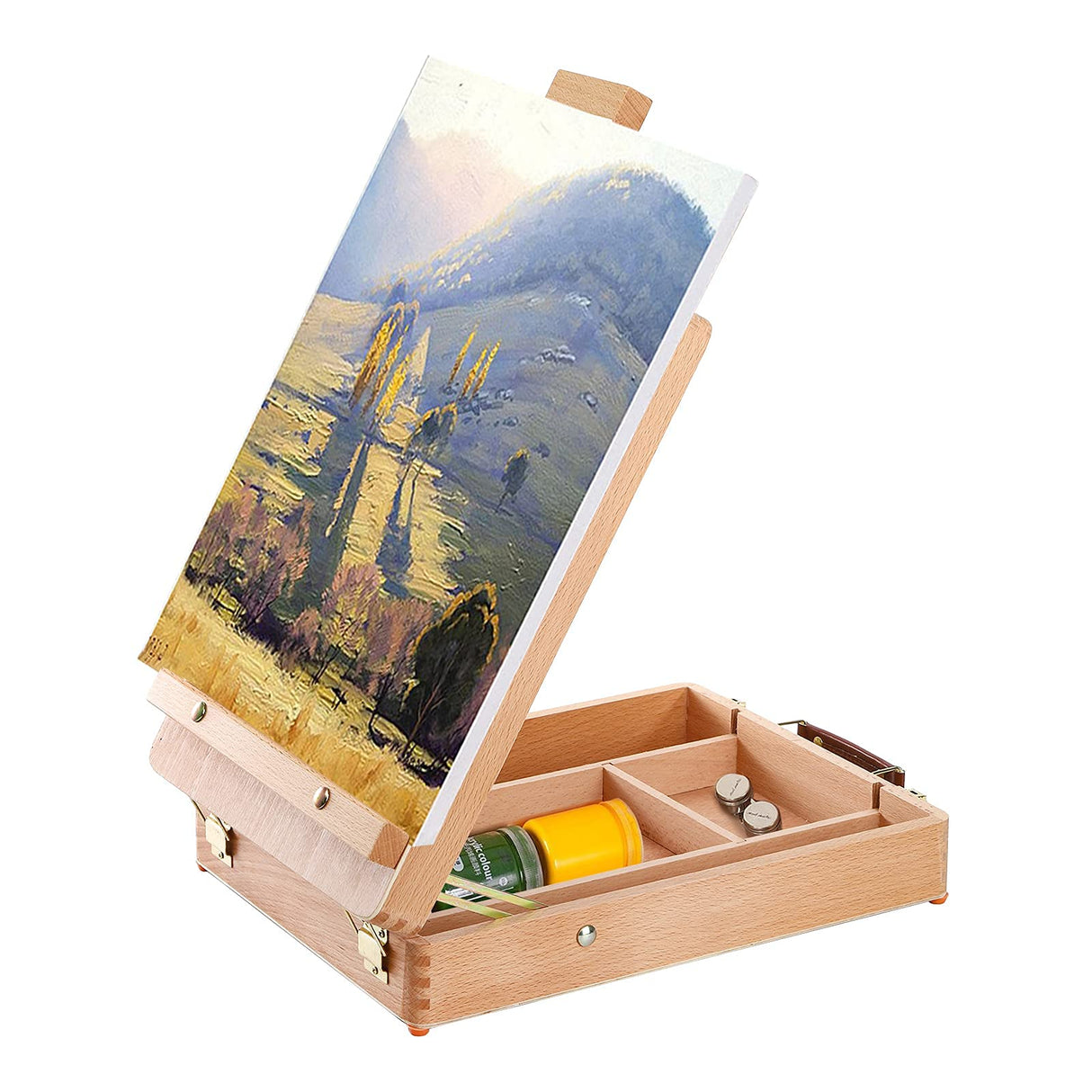 DEAYOU Wood Tabletop Easel Storage Box, Beechwood Portable Sketchbox for Painting, Adjustable Wooden Desktop Drawing Easel Case for Art Supplies, DEAYOU