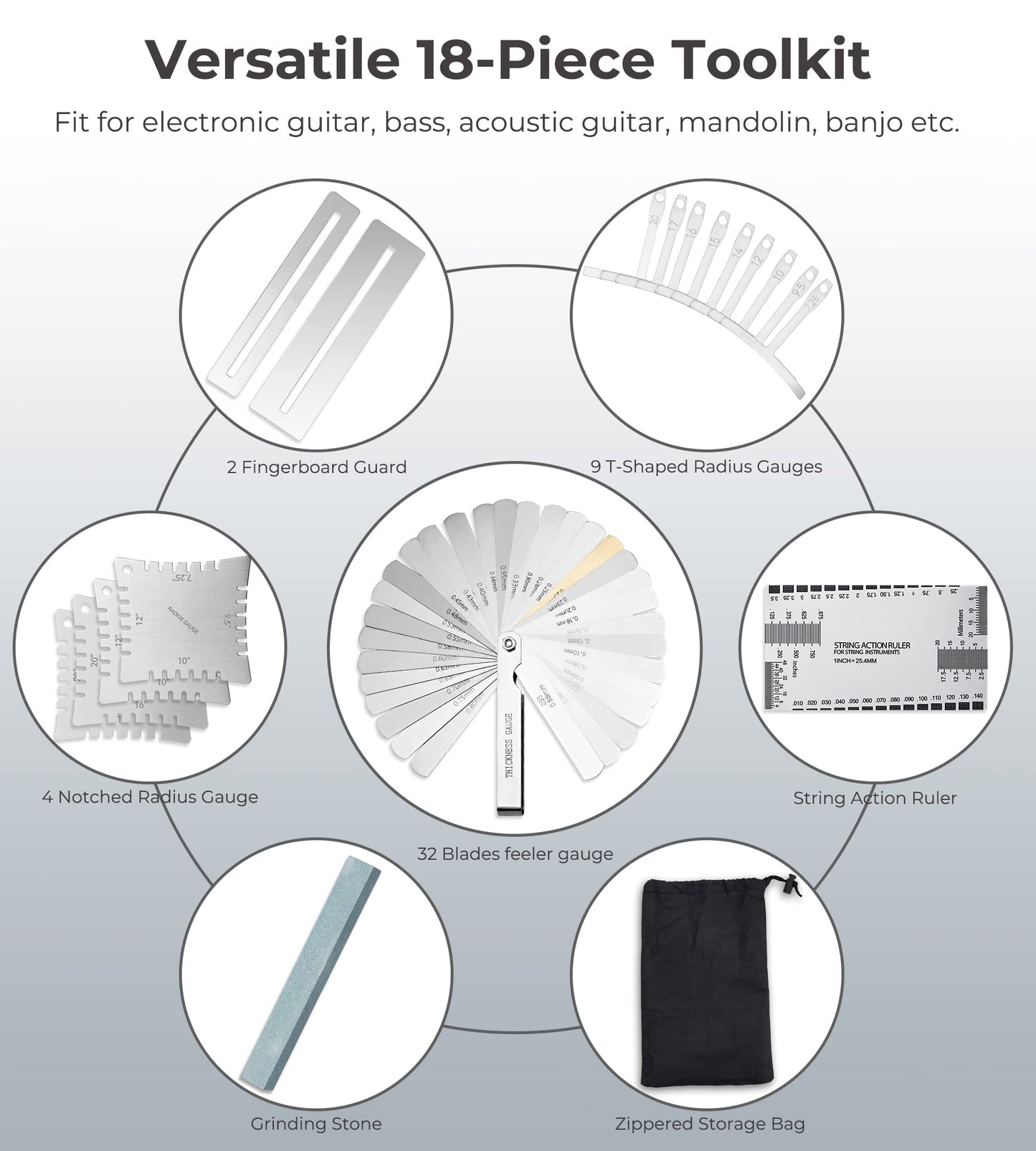 Vangoa 18 Pieces Guitar Luthier Tools Set Including String Action Ruler Gauge and Guitar Notched Radius Gauges for Guitar Bass Setup - WoodArtSupply