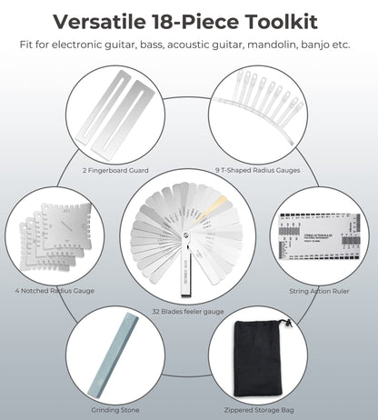 Vangoa 18 Pieces Guitar Luthier Tools Set Including String Action Ruler Gauge and Guitar Notched Radius Gauges for Guitar Bass Setup - WoodArtSupply
