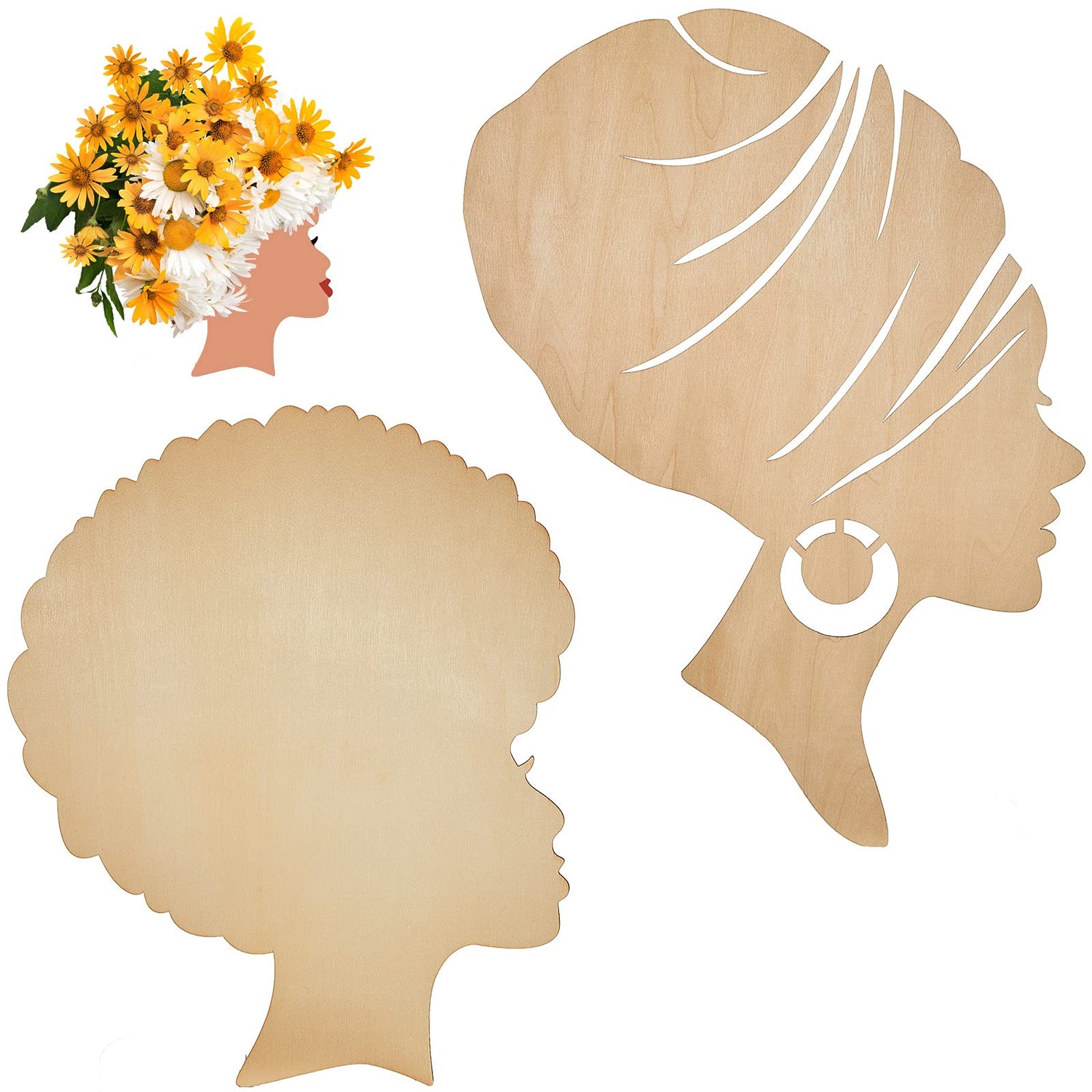 2 Pieces African Girl Wooden Cutouts DIY Wooden Template Mother and Child Wreath DIY Template Head Wooden Silhouette for DIY Mother's Day Present Jetec