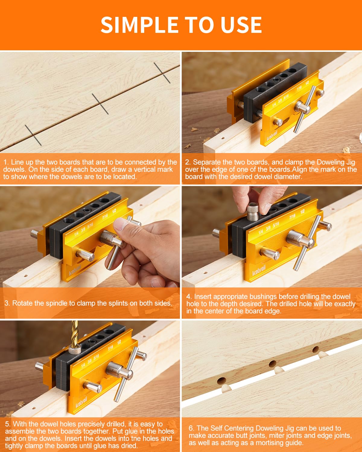 Kolvoii Self Centering Doweling Jig, Dowel Jig Kit Width Adjustable for Straight Holes Biscuit Joiner Tools with 3 High Speed Steel Drill Bits, 6 - WoodArtSupply