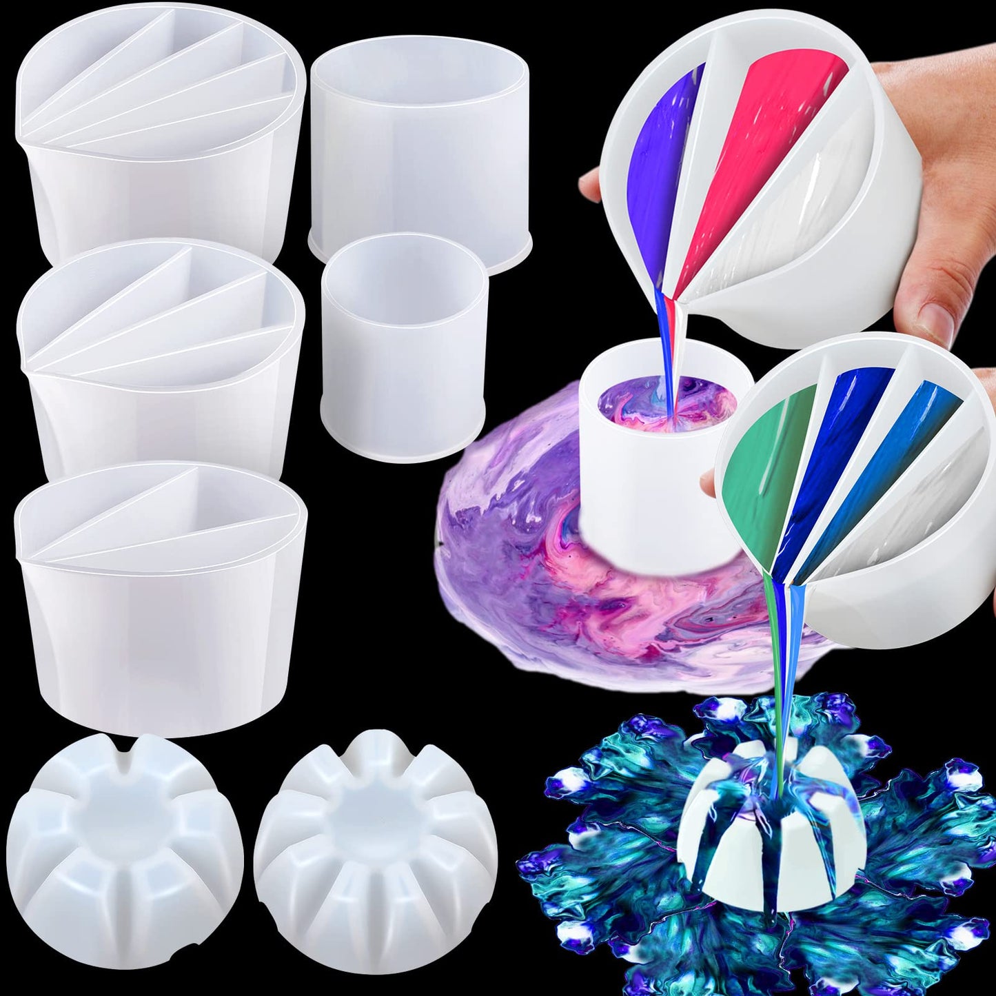 7 Pcs Paint Pour Cup Bundle 3 Pcs Acrylic Paint Pouring Cup Multi Channel Split Cup for Paint Pouring 2 Pcs Large Open Cup 2pcs Flower Pour Cup for - WoodArtSupply