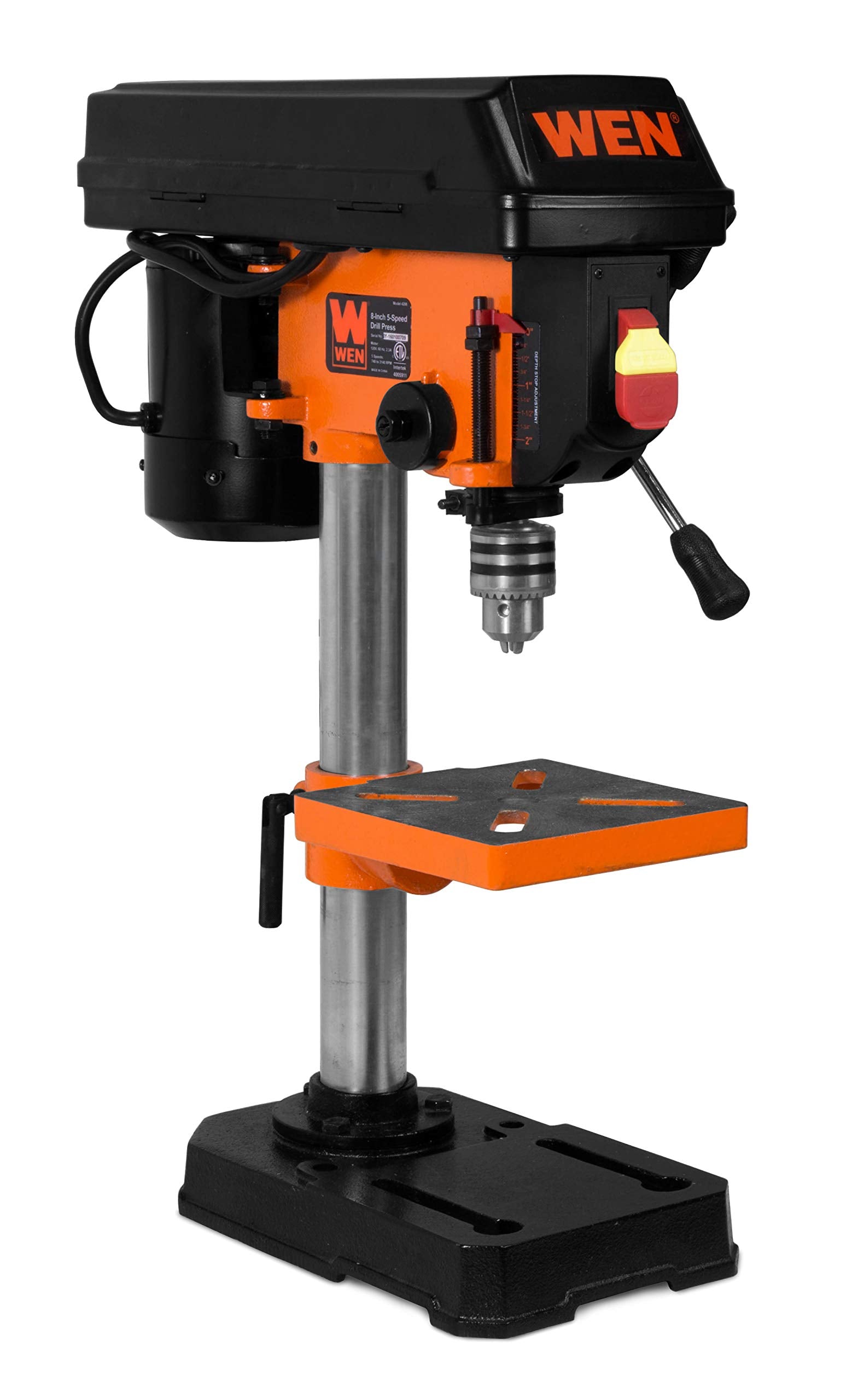 WEN 4208T 2.3-Amp 8-Inch 5-Speed Benchtop Drill Press & DPA2513 24-by-12-Inch Drill Press Table with an Adjustable Fence and Stop Block - WoodArtSupply