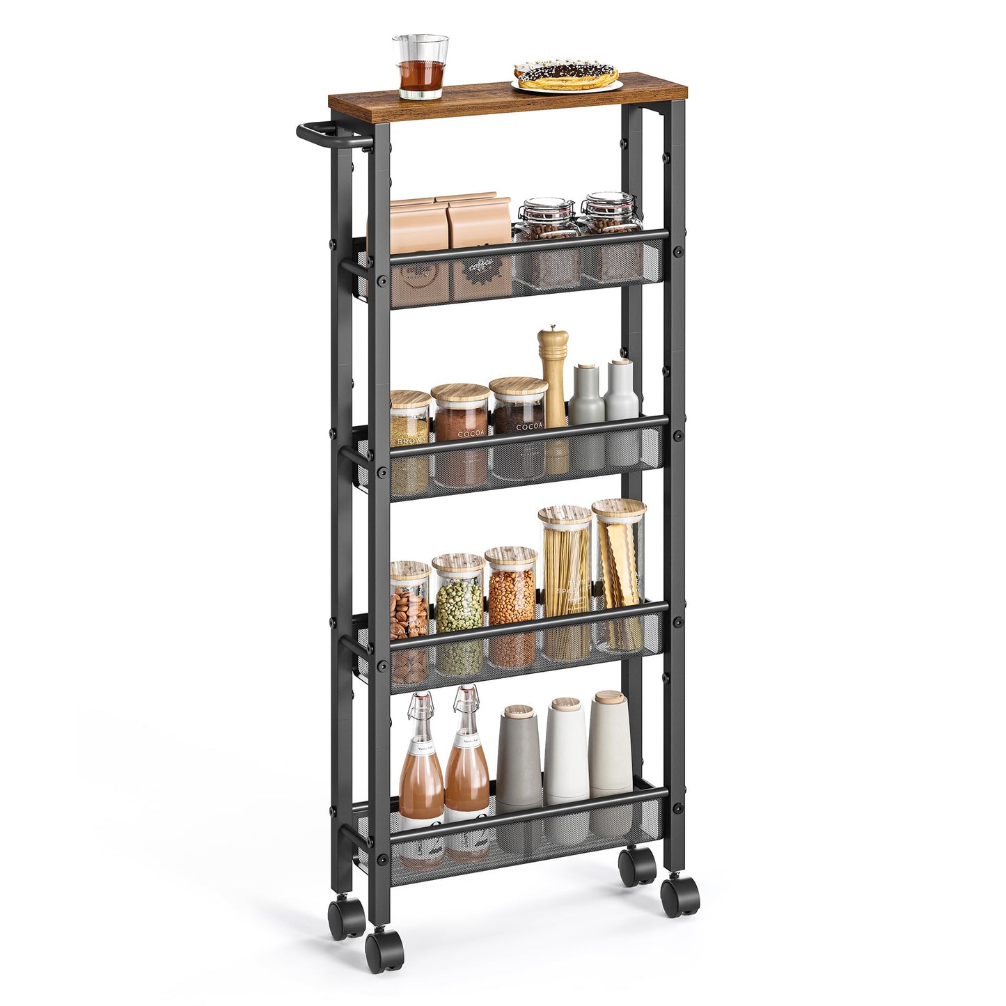 VASAGLE Slim Rolling Cart, 5-Tier Storage Cart, Narrow Cart with Handle, 5.1 Inches Deep, Metal Frame, for Kitchen, Dining Room, Living Room, Home - WoodArtSupply