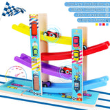 Montessori Toys for Toddlers, Children Race Track Toy with 4 Cars and 1 Wooden Parking Lot, Stable Base, Car Ramp Toy for 2 3 Year Old Boy Girl Gifts Heirio