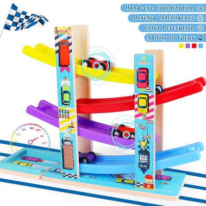 Montessori Toys for Toddlers, Children Race Track Toy with 4 Cars and 1 Wooden Parking Lot, Stable Base, Car Ramp Toy for 2 3 Year Old Boy Girl Gifts