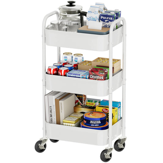 Simple Trending 3 Tier Metal Cart on Wheels, Heavy Duty Rolling Storage Cart for Kitchen to Organize Books Snacks Tools, White - WoodArtSupply