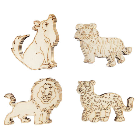 32 Pack Unfinished Wood Animal Cutouts Jungle Animal Crafts Wood Tiger, Lion, Wolf, Leopard Cutouts to Paint Wooden Animal Hanging Ornaments DIY Xonzmmk