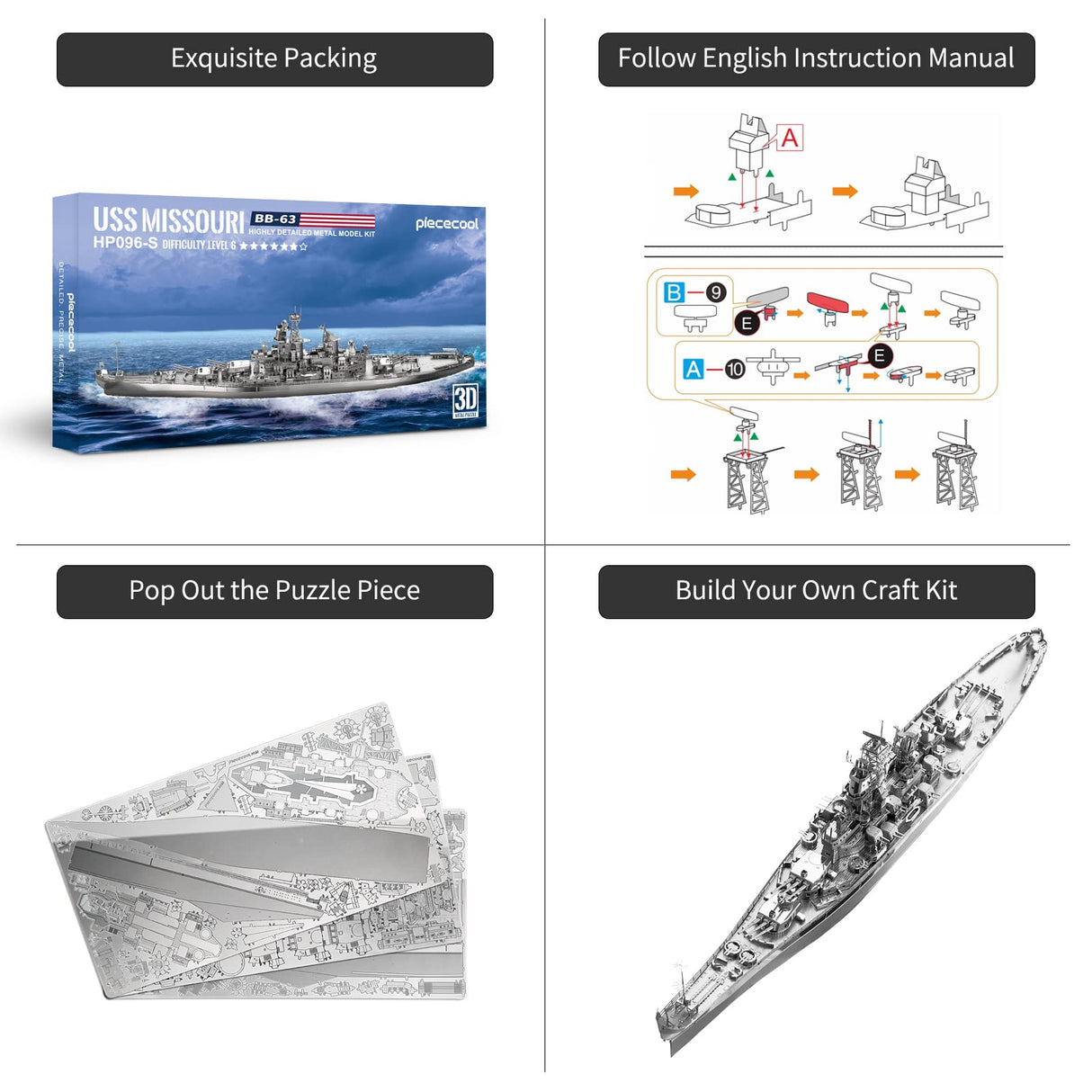 Piececool 3D Puzzles for Adults, USS Missouri Battleship Metal Model Kits, DIY 3D Metal Puzzle for Teenagers Students Stress Relief, Aircraft Carrier Piececool