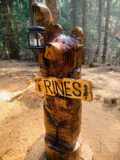 3ft cedar bear chainsaw carving with personalized sign - WoodArtSupply