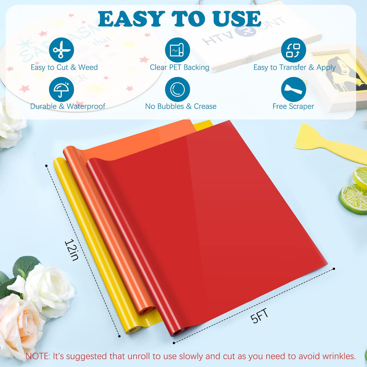 HTVRONT Permanent Vinyl for Cricut-12 Pack 12 Inch by 5 Feet Permanent Vinyl Rolls, Adhesive Vinyl for Cricut，Silhouette, Cameo Cutters, Signs, HTVRONT