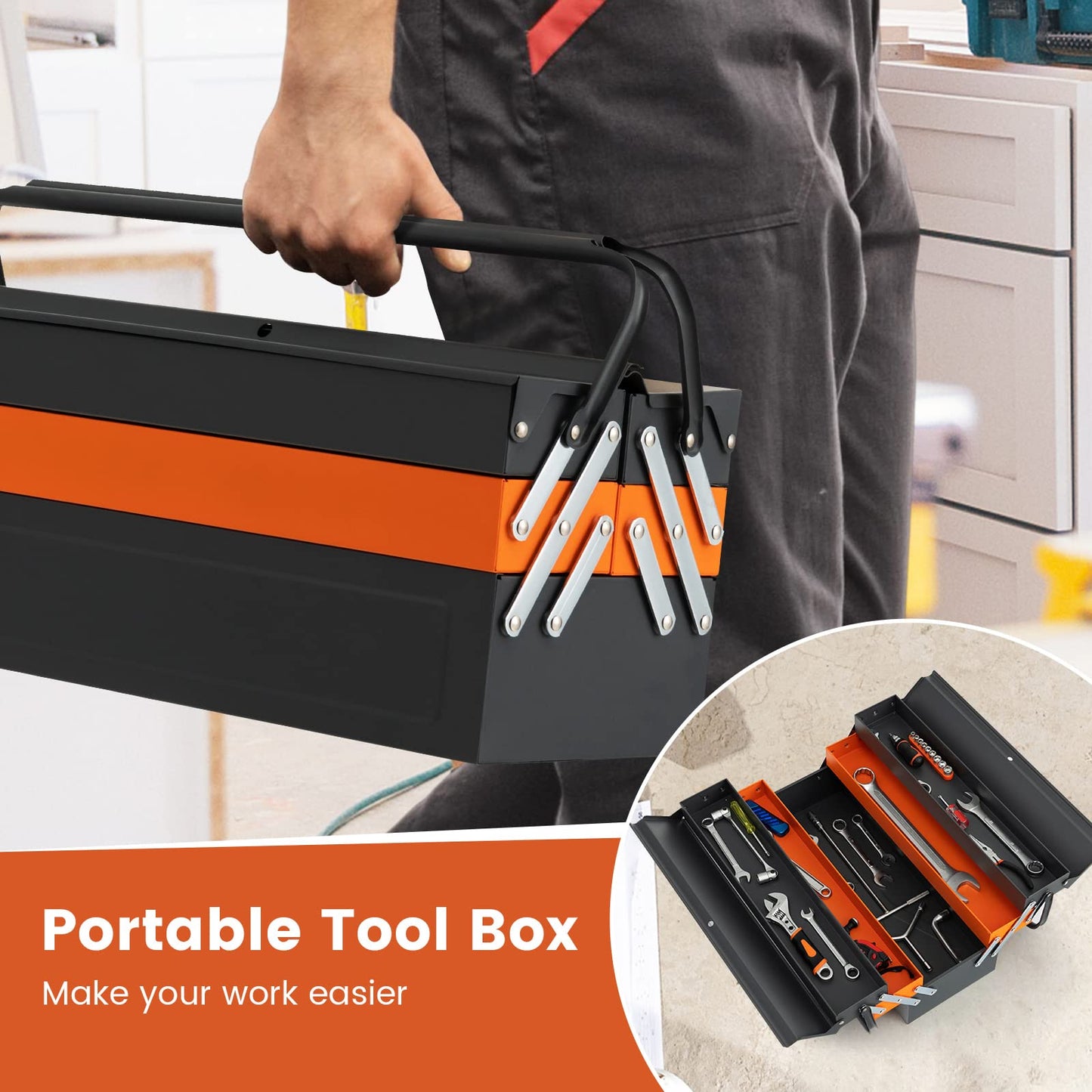 S AFSTAR 22 Inches Tool Box, 3-Layer 5-Tray Metal Toolbox w/Full-Length Handles & Lock Hole Design, Portable Storage Toolbox, Folding Tool Organizer