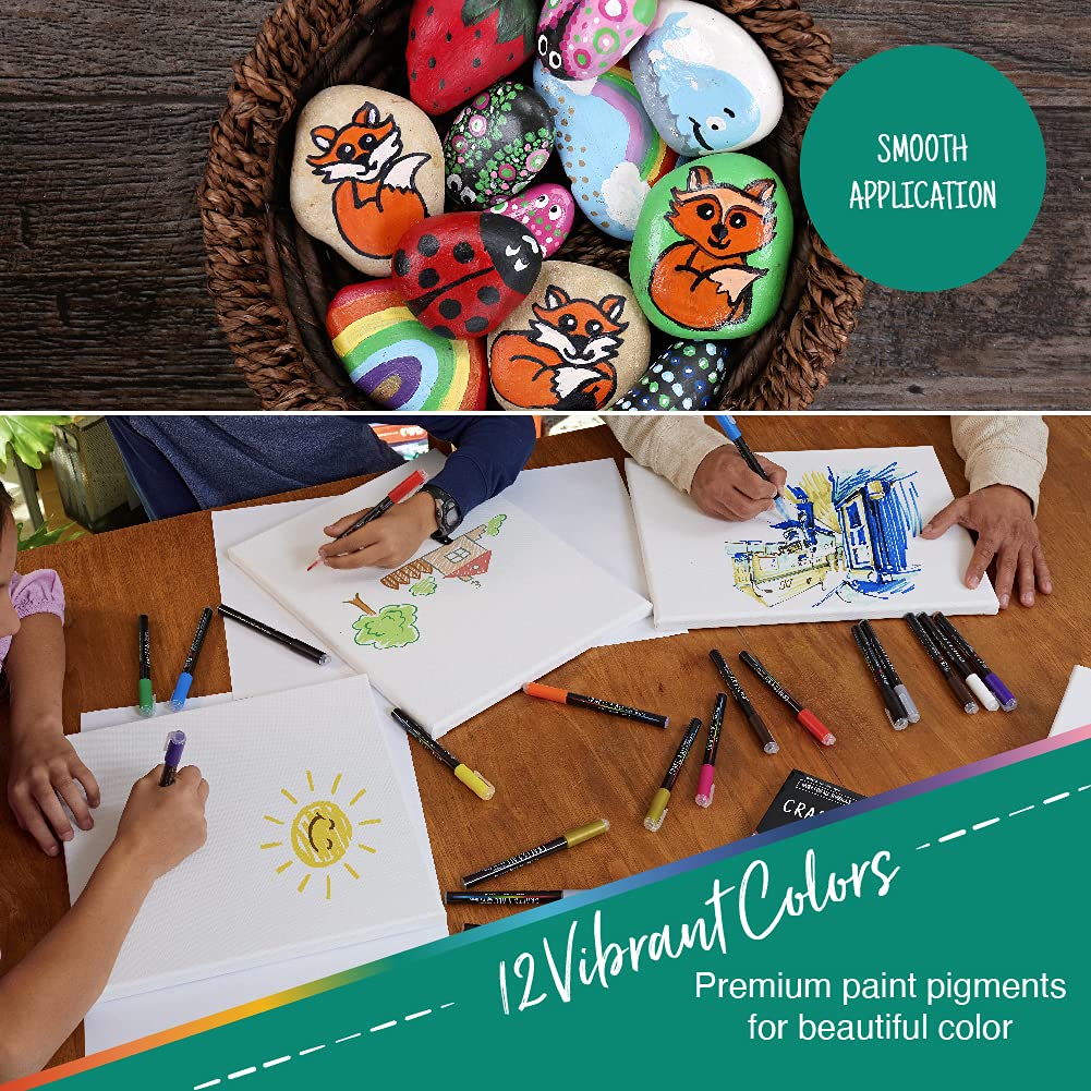 Crafts 4 All Acrylic Paint Markers Set - 12, Broad Tip -Tip Acrylic Paint Pens for Rock Painting, Glass, Wood, Canvas and Fabric - Non-Toxic, Crafts 4 All