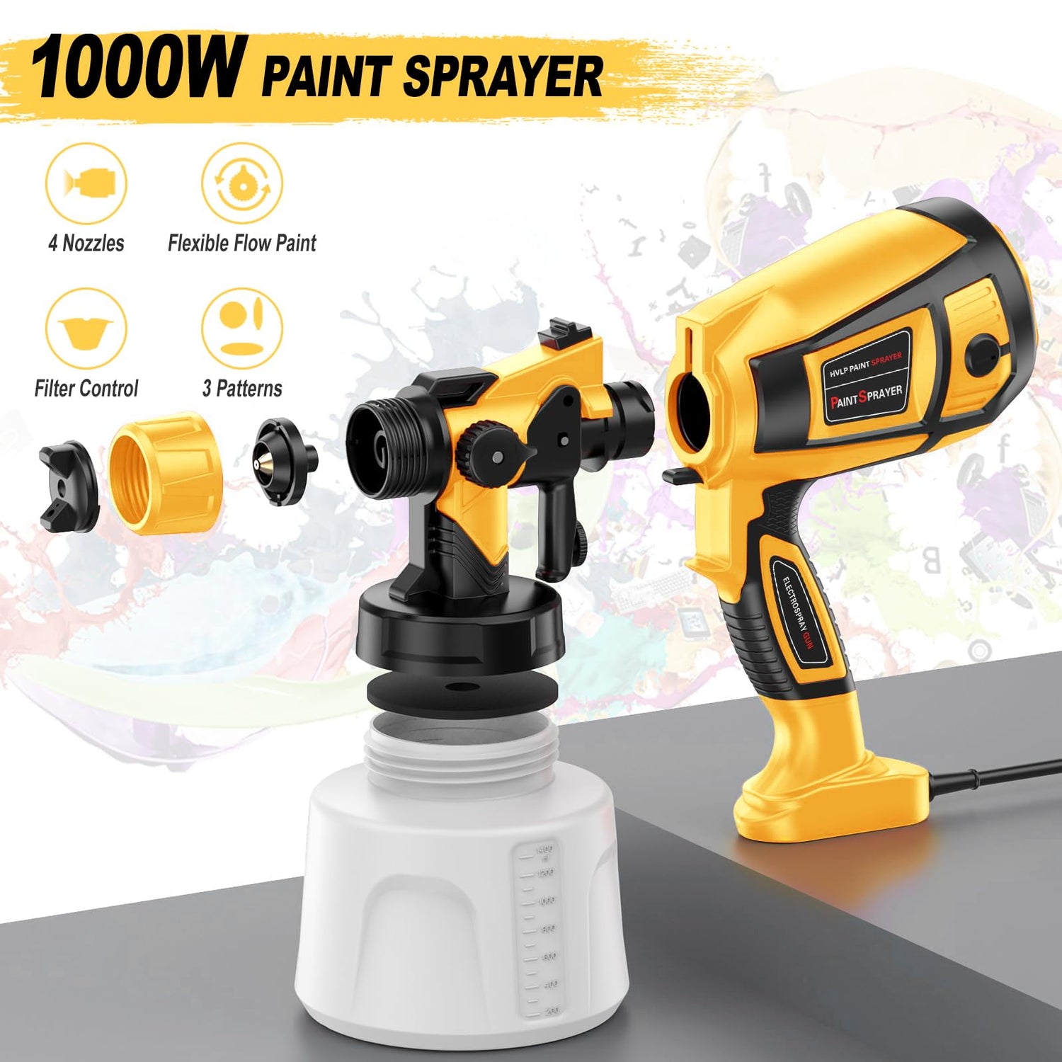 Paint-Sprayer-1000W-HVLP-High-Power-Electric-Spray-Paint-Gun 1400ml High Capacity Container 4 Nozzles and 3 Patterns Easy to Clean for Furniture Xavax