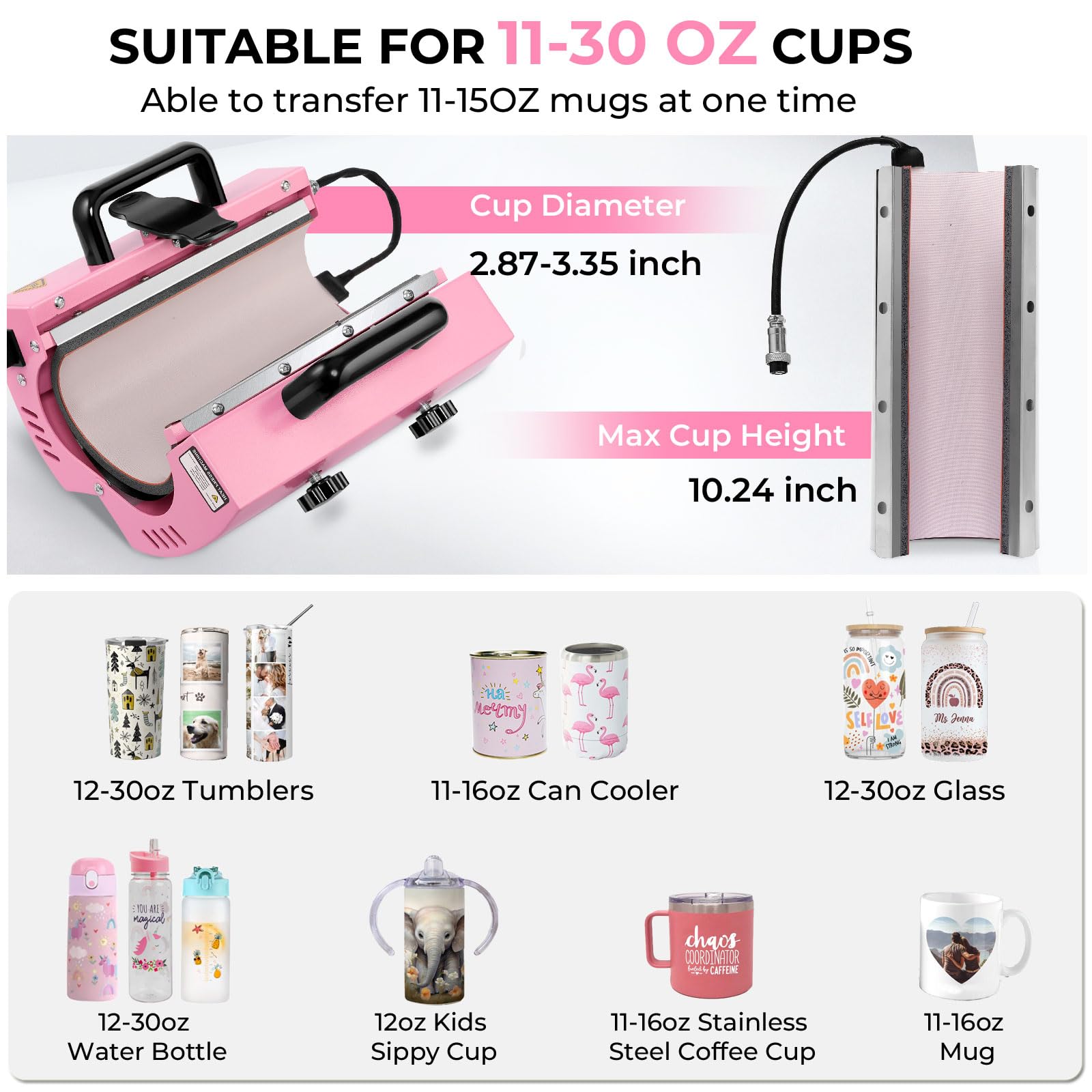 Whubefy Tumbler Mug Heat Press Machine 11-30oz, Pink Portable Heat Transfer Sublimation 30oz 20oz Straight Skinny Tumblers, 11-16oz - WoodArtSupply