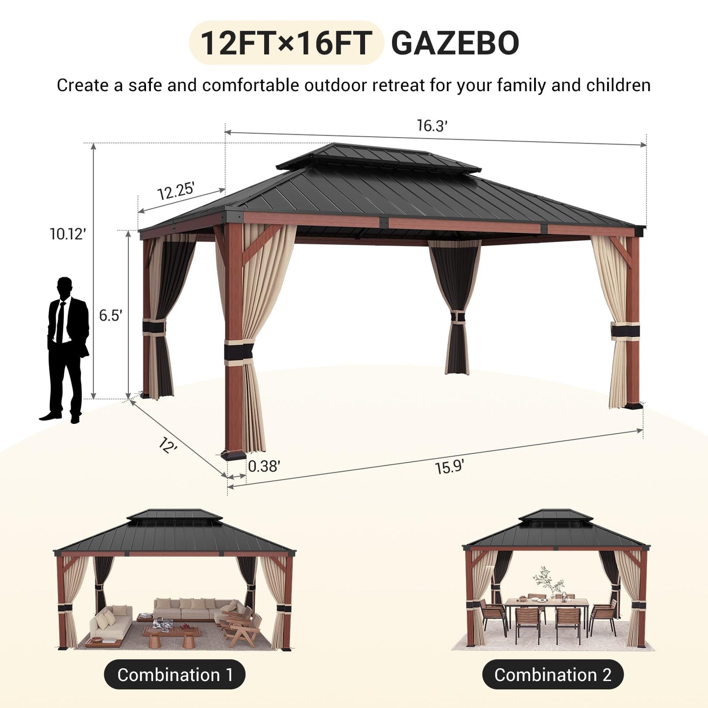 VONZOY Hardtop Gazebo 12x16, Wooden Coated Outdoor Gazebo with Galvanized Steel Double Roof, Aluminum Frame Pavilion, Pergola for Patio Lawn,