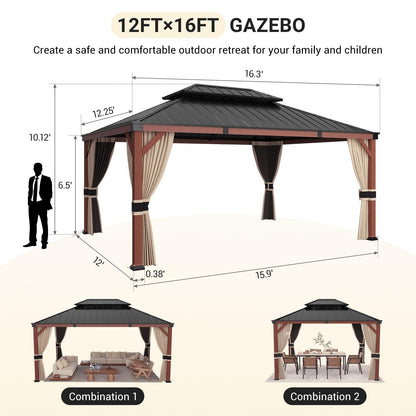 VONZOY Hardtop Gazebo 12x16, Wooden Coated Outdoor Gazebo with Galvanized Steel Double Roof, Aluminum Frame Pavilion, Pergola for Patio Lawn,
