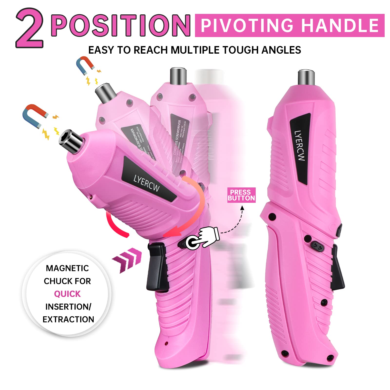 Pink Cordless Screwdriver Set with Rechargeable Battery and Charger, Rotating Handle, LED Light, 47PCS Drill/Driver Accessories, Lightweight and - WoodArtSupply