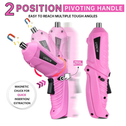 Pink Cordless Screwdriver Set with Rechargeable Battery and Charger, Rotating Handle, LED Light, 47PCS Drill/Driver Accessories, Lightweight and - WoodArtSupply