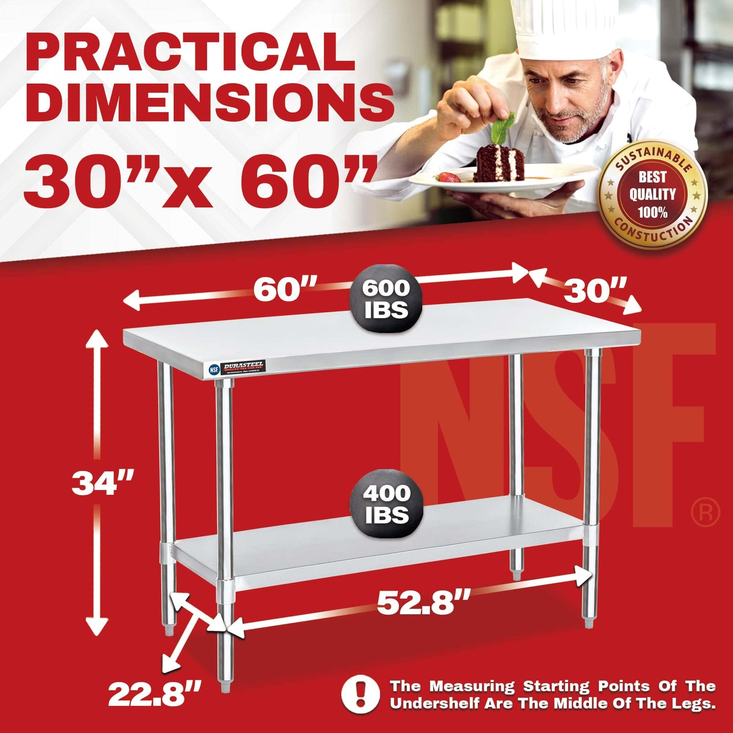Food Prep Stainless Steel Table - DuraSteel 30 x 60 Inch Commercial Metal Workbench with Adjustable Under Shelf - NSF Certified - For Restaurant, DuraSteel