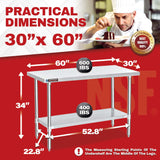 Food Prep Stainless Steel Table - DuraSteel 30 x 60 Inch Commercial Metal Workbench with Adjustable Under Shelf - NSF Certified - For Restaurant, DuraSteel