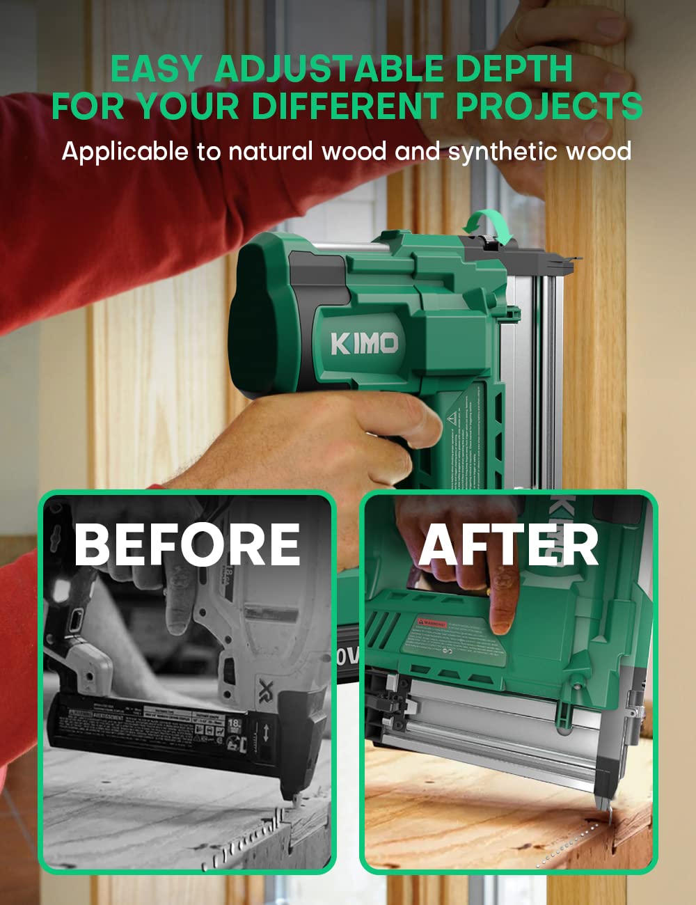 KIMO 18 Gauge Nail Gun Battery Powered w/ 2 X 2.0 Battery & Charger, 2 in 1 Cordless Brad Nailer/Electric Stapler, Adjustable Depth, 1000pcs Nails, K I M O.