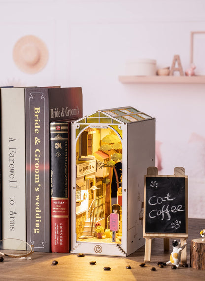 ROBOTIME DIY Book Nook Kit Bookend Stand Bookshelf Insert Bookcase Miniature House with Sensor Light 3D Wooden Puzzle Model Building (Sunshine Town)