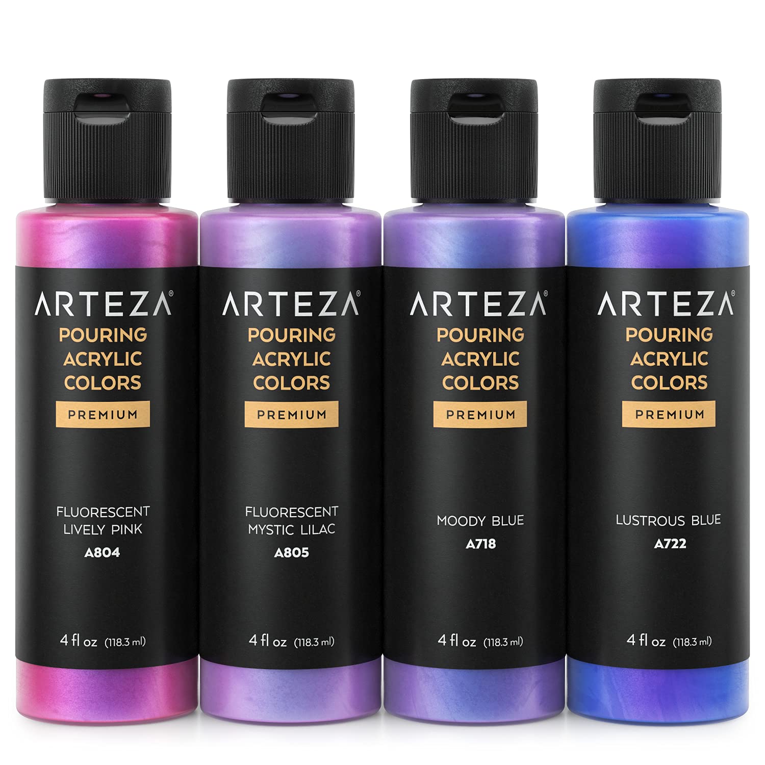 Arteza Iridescent Pouring Acrylic Paint, Set of 4, Mystic Tones, 4 fl oz Bottles, High-Flow Pouring Paint, Art Supplies for Canvas, Glass, Wood, - WoodArtSupply