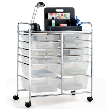 COSTWAY 12-Drawer Rolling Storage Cart, Moveable Art Craft Organizer W/Lockable Wheels, Metal Shelf, Files Arrangement Tools Makeup Storage Cart for - WoodArtSupply