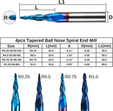 Genmitsu 4pcs 2-Flute Tapered Ball Nose Spiral End Mill, Nano Blue Coating Tungsten Carbide CNC Router Bits, 2D And 3D Engraving Carving Woodworking Genmitsu