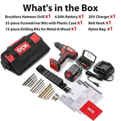 DCK Brushless Hammer Drill, 20V Max Hammer Drill Cordless, 531In-lb,36000 BPM,1/2" All-Metal Chuck, Variable Speeds, 22+1+1 Torque Setting, 4.0Ah DCK