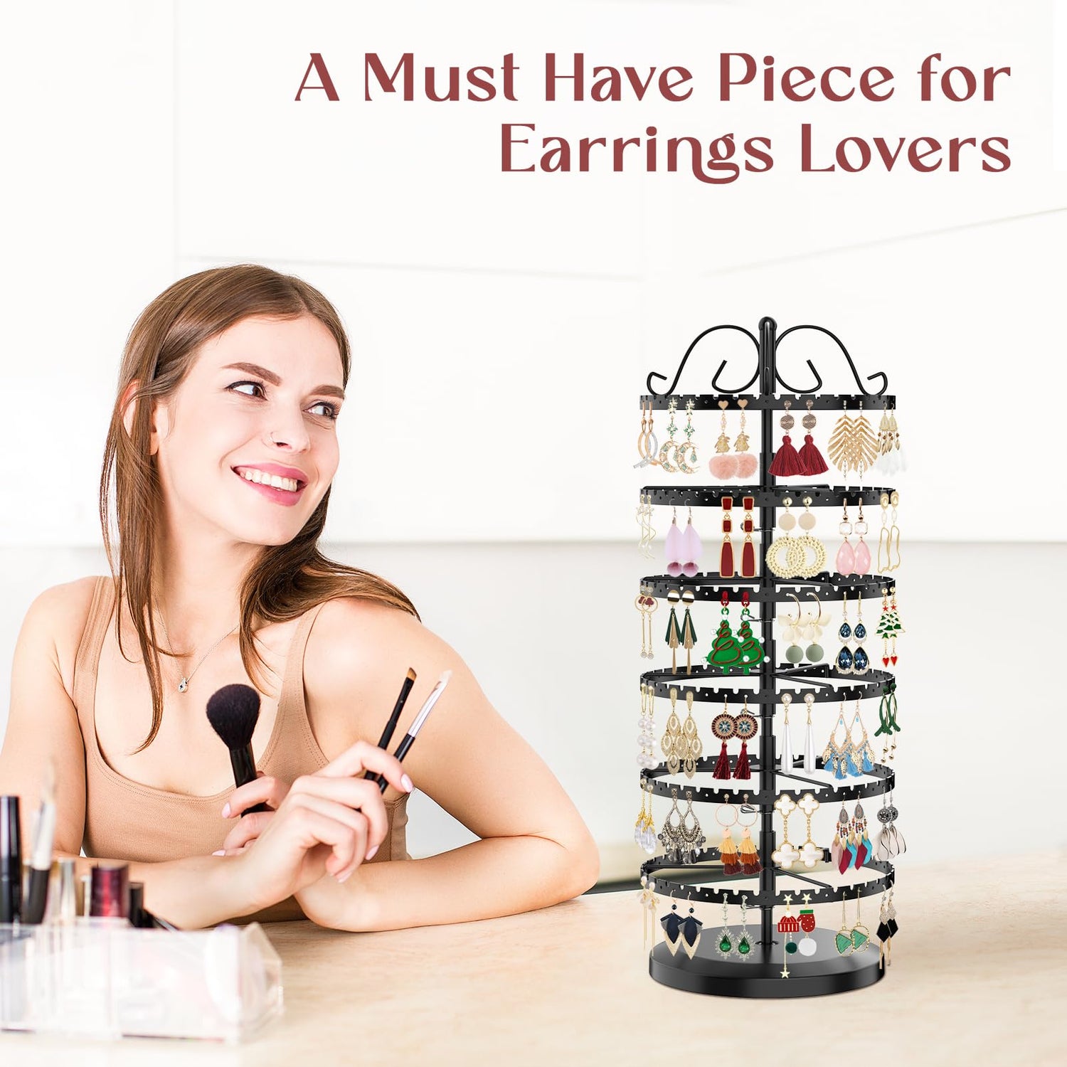 MODOWEY 6 Tier Rotating Earring Holder Organizer, Adjustable Metal Earring Display Stand Rack for Women Girl, 400 Holes and Grooves Earring Tower MODOWEY
