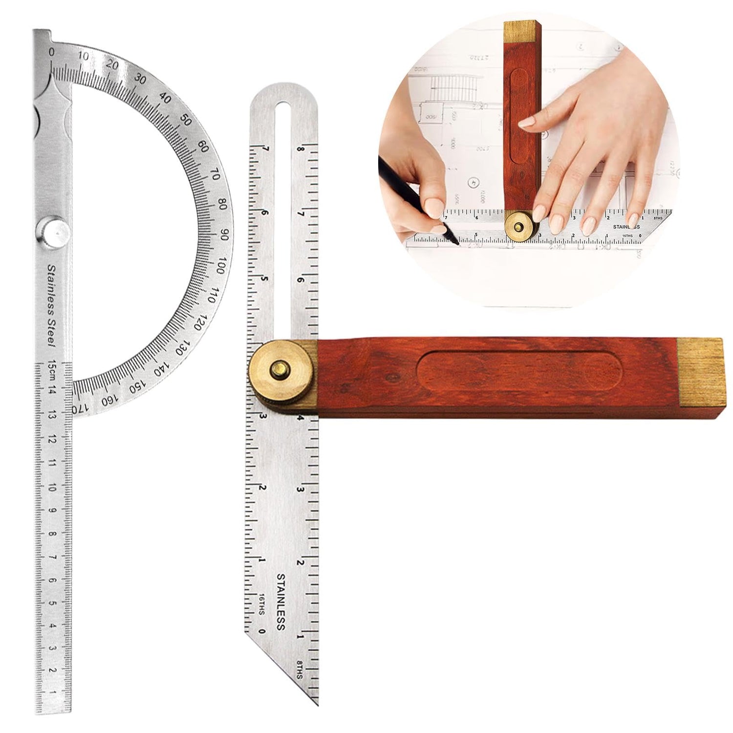 QWLWBU 2Pcs Angle Protractor, T Bevel Angle Finder with Wooden Handle Sliding T-Bevel Bevel Gauge for Carpenter QWLWBU