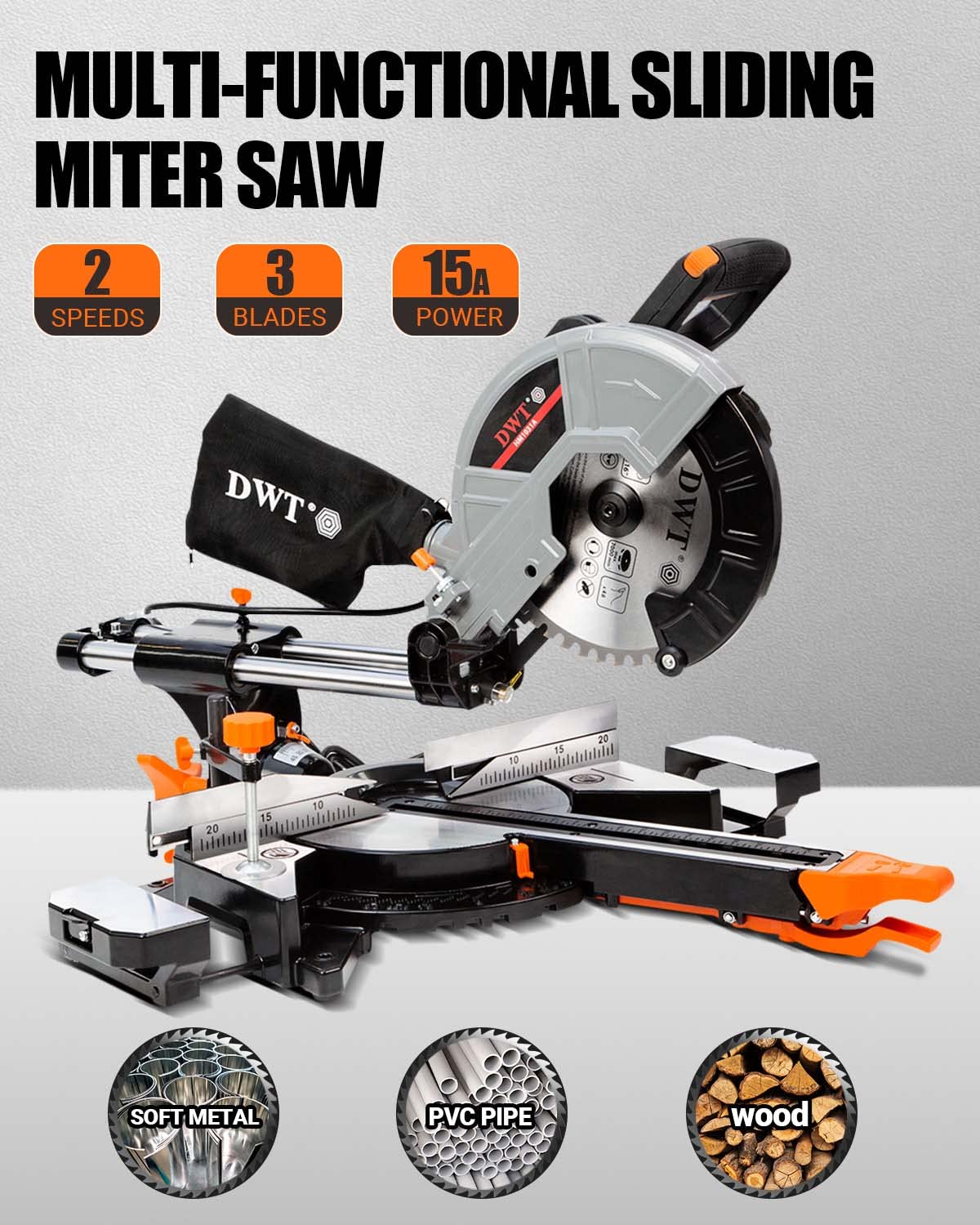 DWT Sliding Compound Miter Saw with 3 Blades, 15A 10", Double Speed (4500 RPM & 3200 RPM), Bevel Cut (0°-45°) with Laser, Extension Table, Iron Blade DWT