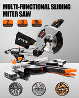 DWT Sliding Compound Miter Saw with 3 Blades, 15A 10", Double Speed (4500 RPM & 3200 RPM), Bevel Cut (0°-45°) with Laser, Extension Table, Iron Blade DWT