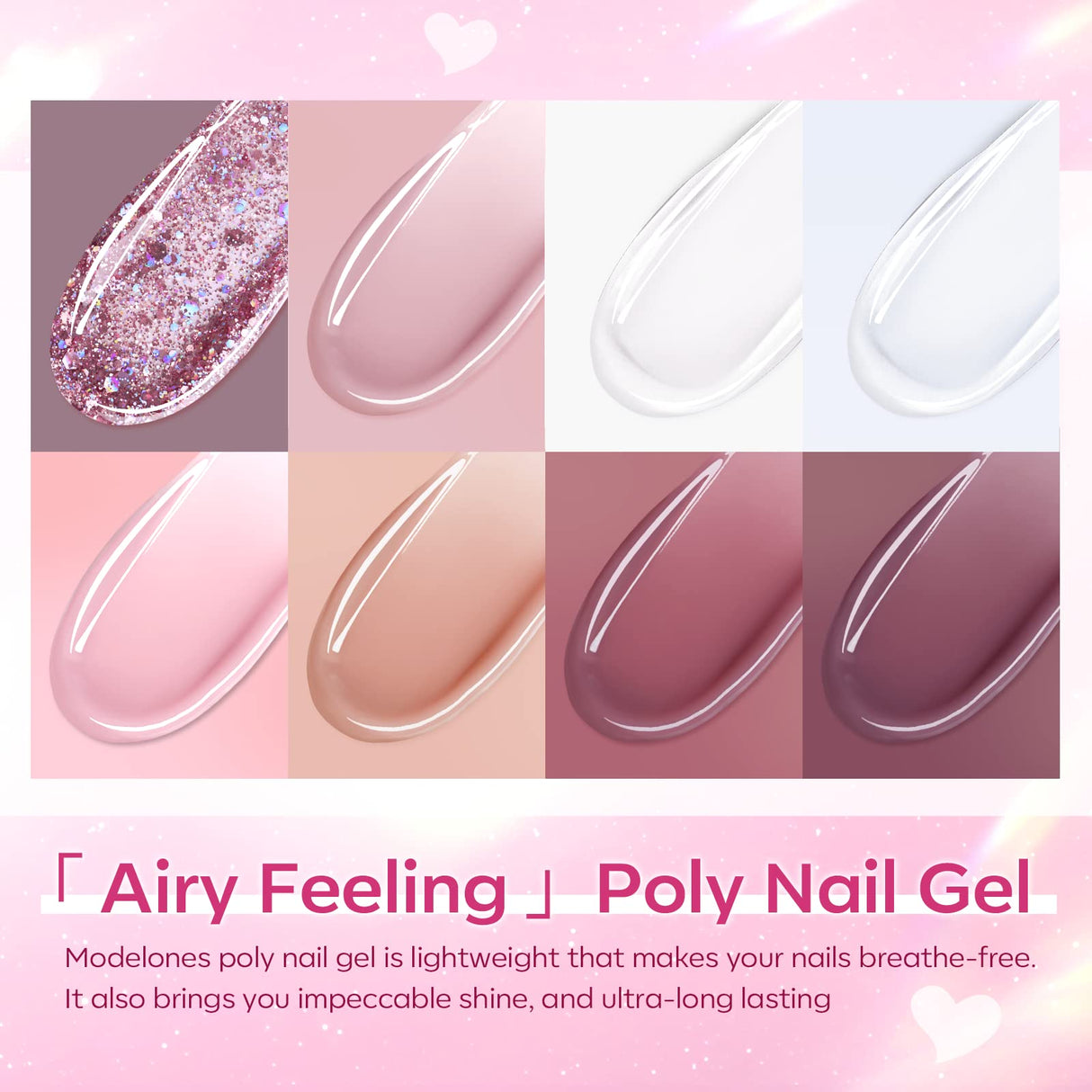 Modelones Poly Nail Gel Kit 8 Rosy Pink Colors with 48W LED Nail Lamp Poly Extension Gel Complete Nail Art Tools Professional Starter Manicure Kit modelones