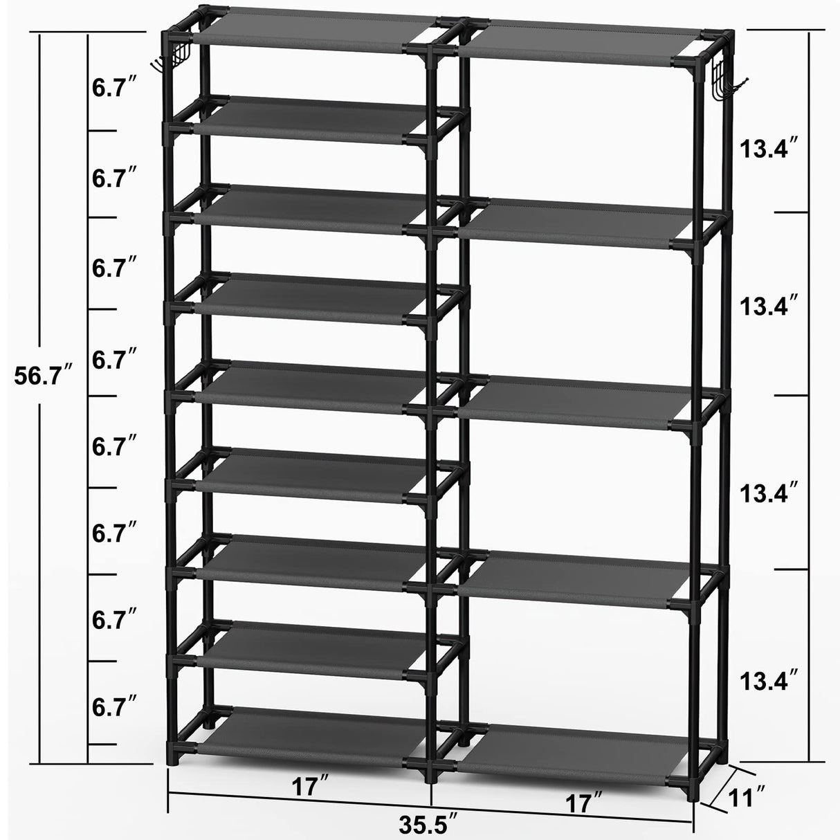 CSXGBAB Tall Garage Shoe Rack Large Capacity,Two Rows Versatile Hooks Storage Boot Shelf Black 24-35 Pairs CSXGBAB