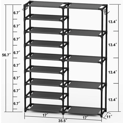 CSXGBAB Tall Garage Shoe Rack Large Capacity,Two Rows Versatile Hooks Storage Boot Shelf Black 24-35 Pairs
