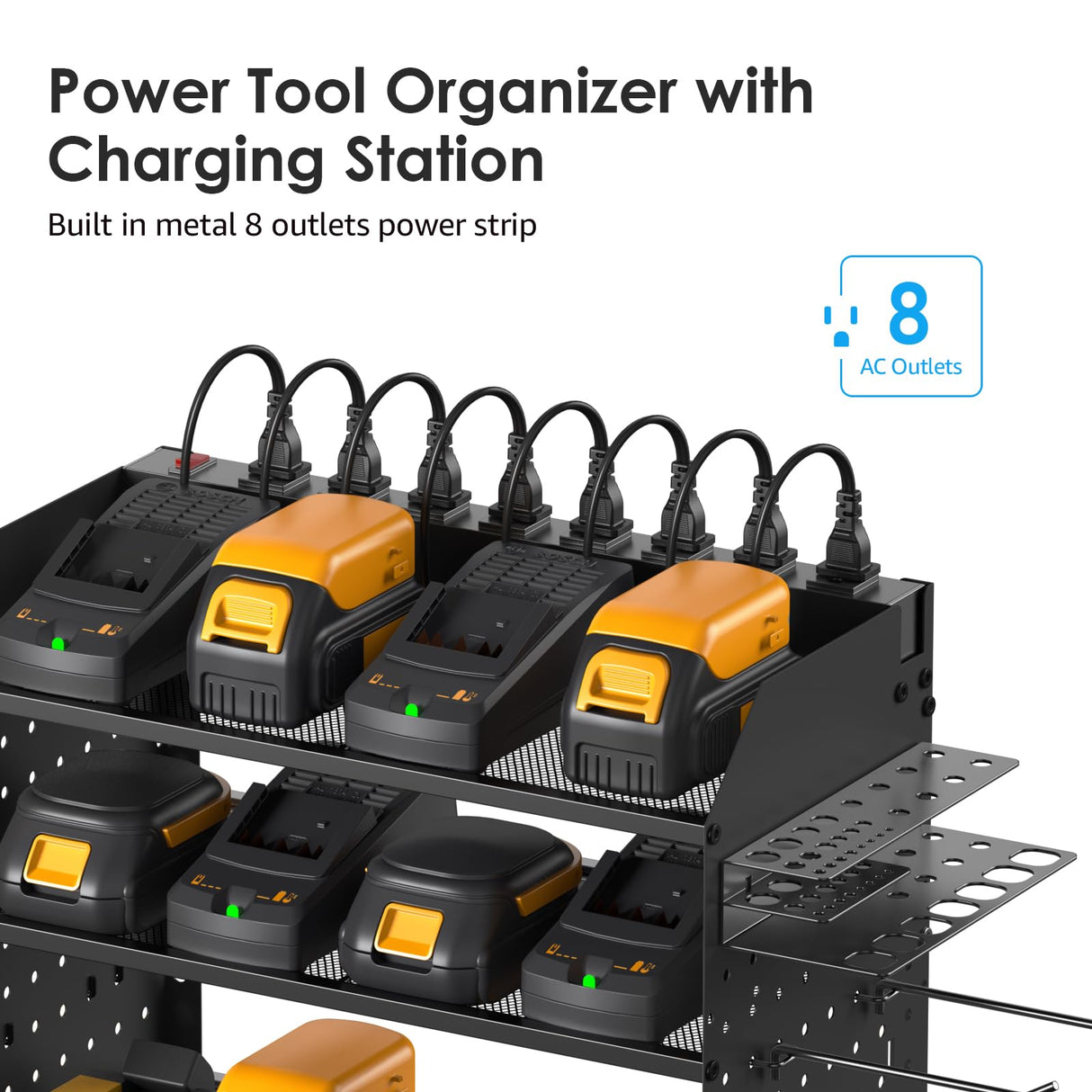 CCCEI Modular Pegboard Rack Power Tool Organizer with Charging Station. 4 Layer Wall Mount Drill Holder, Mechanic Tool Battery Charger Organizer. CCCEI