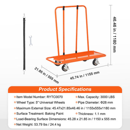 VEVOR Drywall Cart, 3000 LBS Panel Dolly Cart with 45.28" x 21.8" Deck and 5" Swivel Wheels, Heavy-Duty Drywall Sheet Cart, Handling Wall Panel,