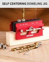 DAYDOOR Self Centering Doweling Jig, Adjustable Width Dowel Jig for Straight Holes, Biscuit Joiner Set with 6 Bushings and 3 Drill Bits(Red) DAYDOOR