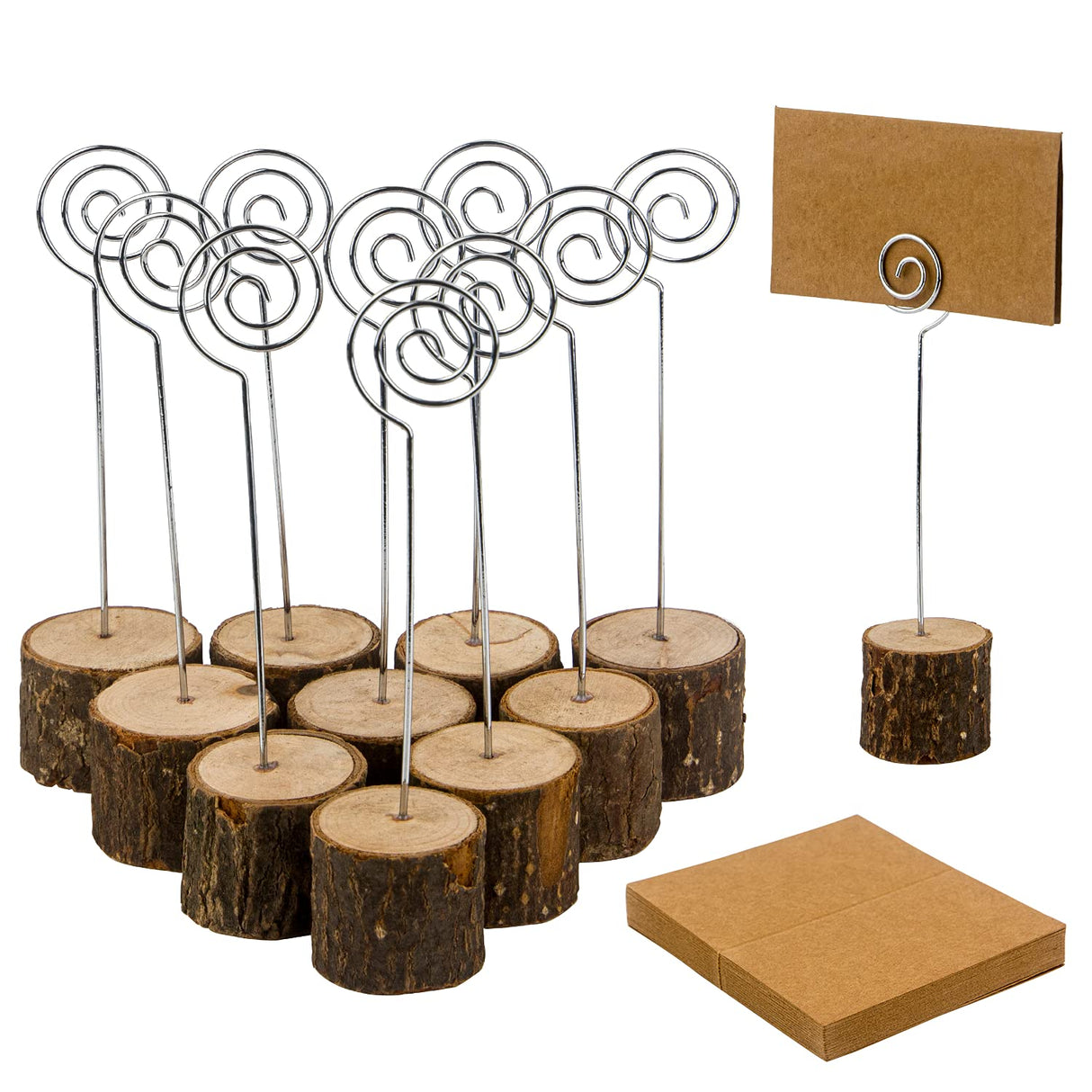 LepoHome 20 Pcs Rustic Wood Place Card Holders with Swirl Wire and 30 Pcs Kraft Place Cards, Wooden Table Number Holder Stand Photo Picture Note Clip LepoHome